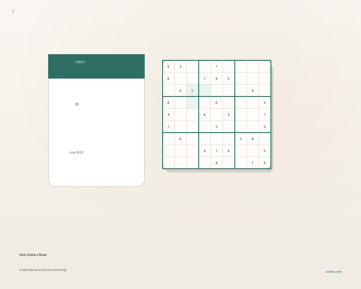 Illustration of a calendar page with today highlighted and a Sudoku board — the daily ritual.