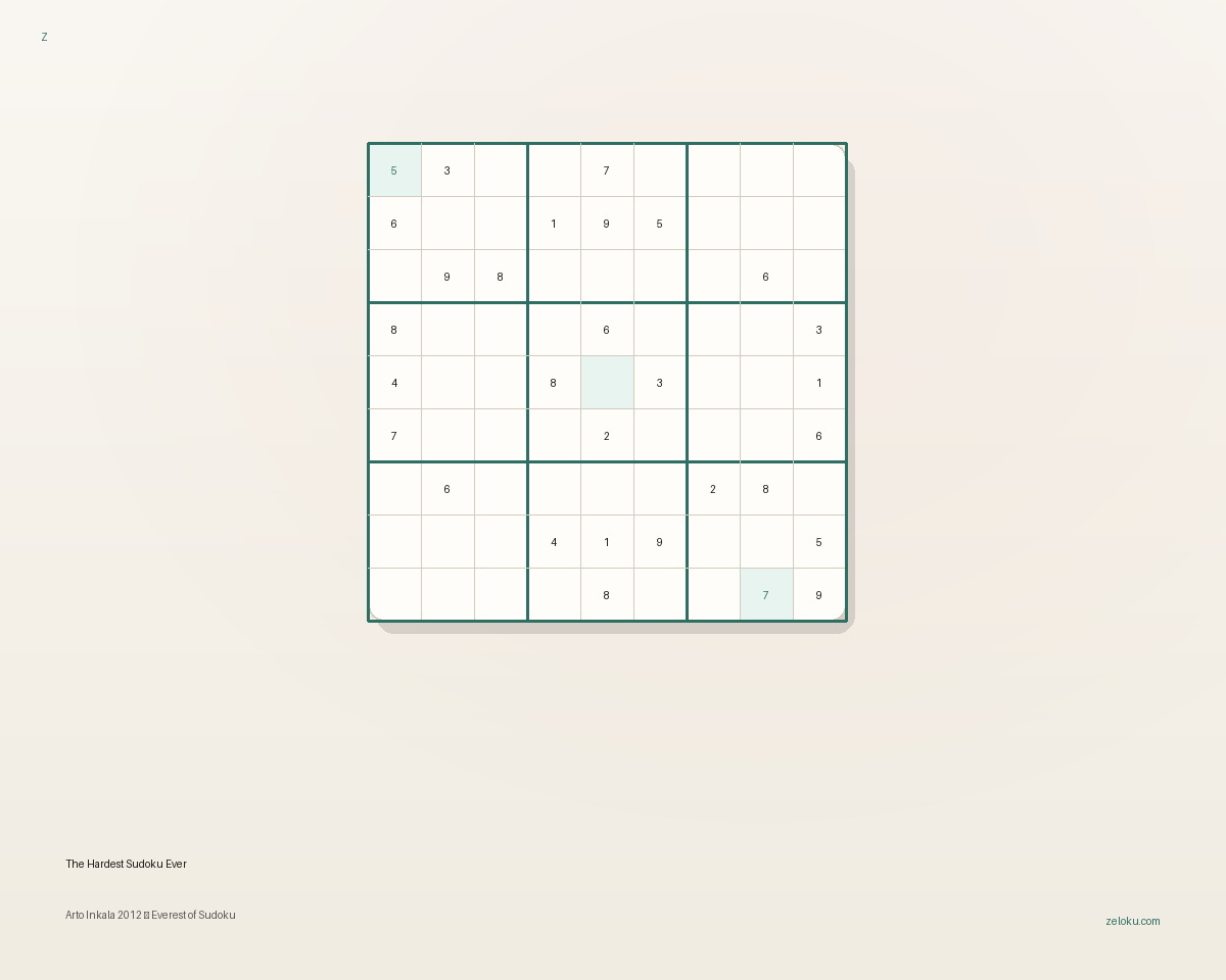 Illustration for Arto Inkala's 2012 hardest published Sudoku puzzle.
