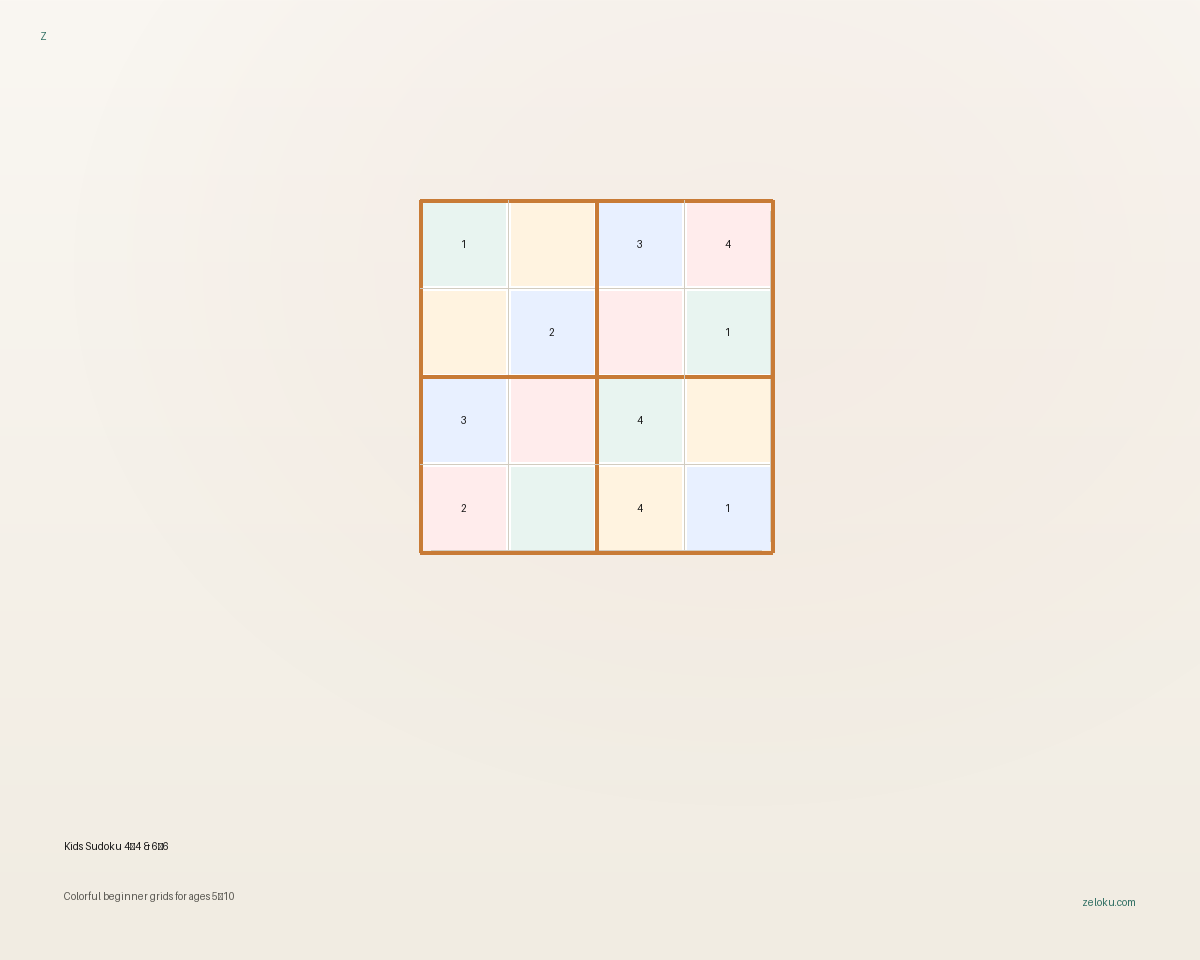 Playful colorful 4 by 4 Sudoku grid designed for children learning Sudoku.