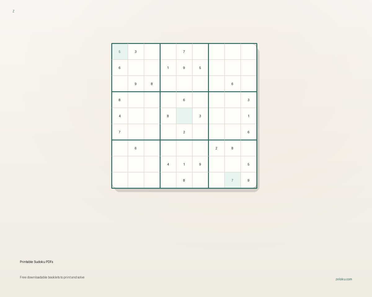 Printable Sudoku PDF booklet illustration with sample 9 by 9 grids.