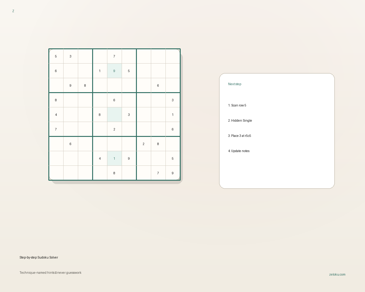 Sudoku board with a next-step legend showing how the solver reasons.