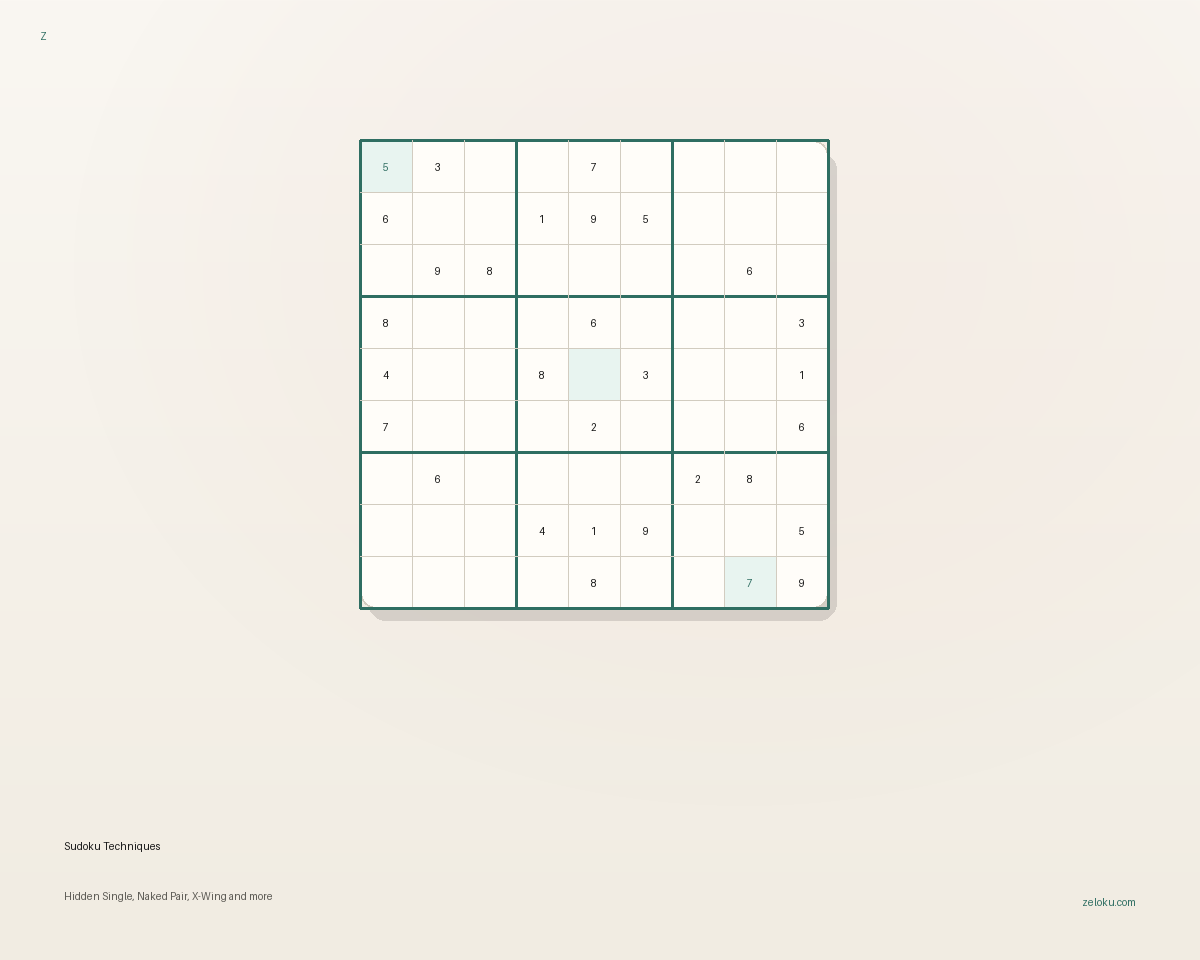 Sudoku board diagram highlighting solving patterns such as X-Wing and Hidden Single.
